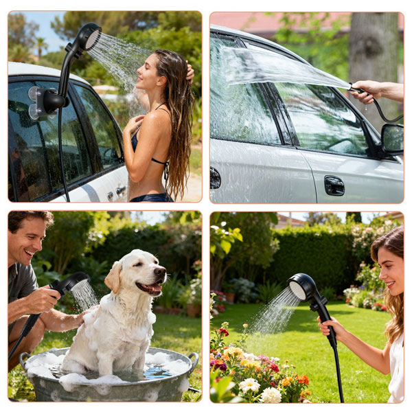 Man taking outdoor shower while camping with portable shower pump