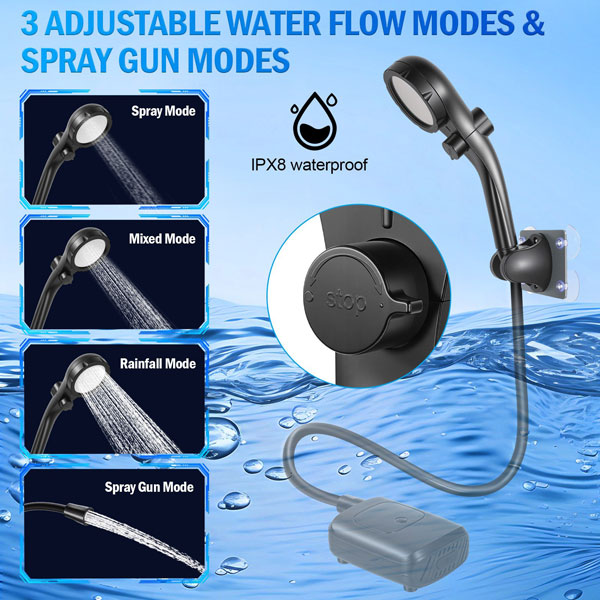 3 spray modes of portable camping shower head - spray, mixed, rainfall